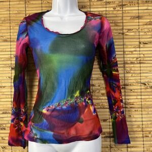 Y2K Womens Fitted Sheer Mesh Top Sz S Multicolor Festival Retro Rave Psychedelic